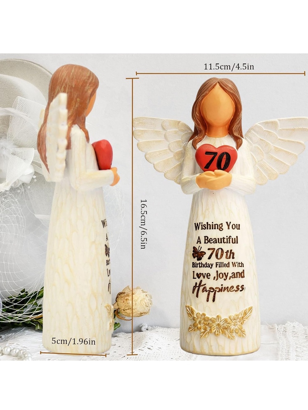 Cream Angel Figurine Holding Red Heart - 70th Birthday Keepsake